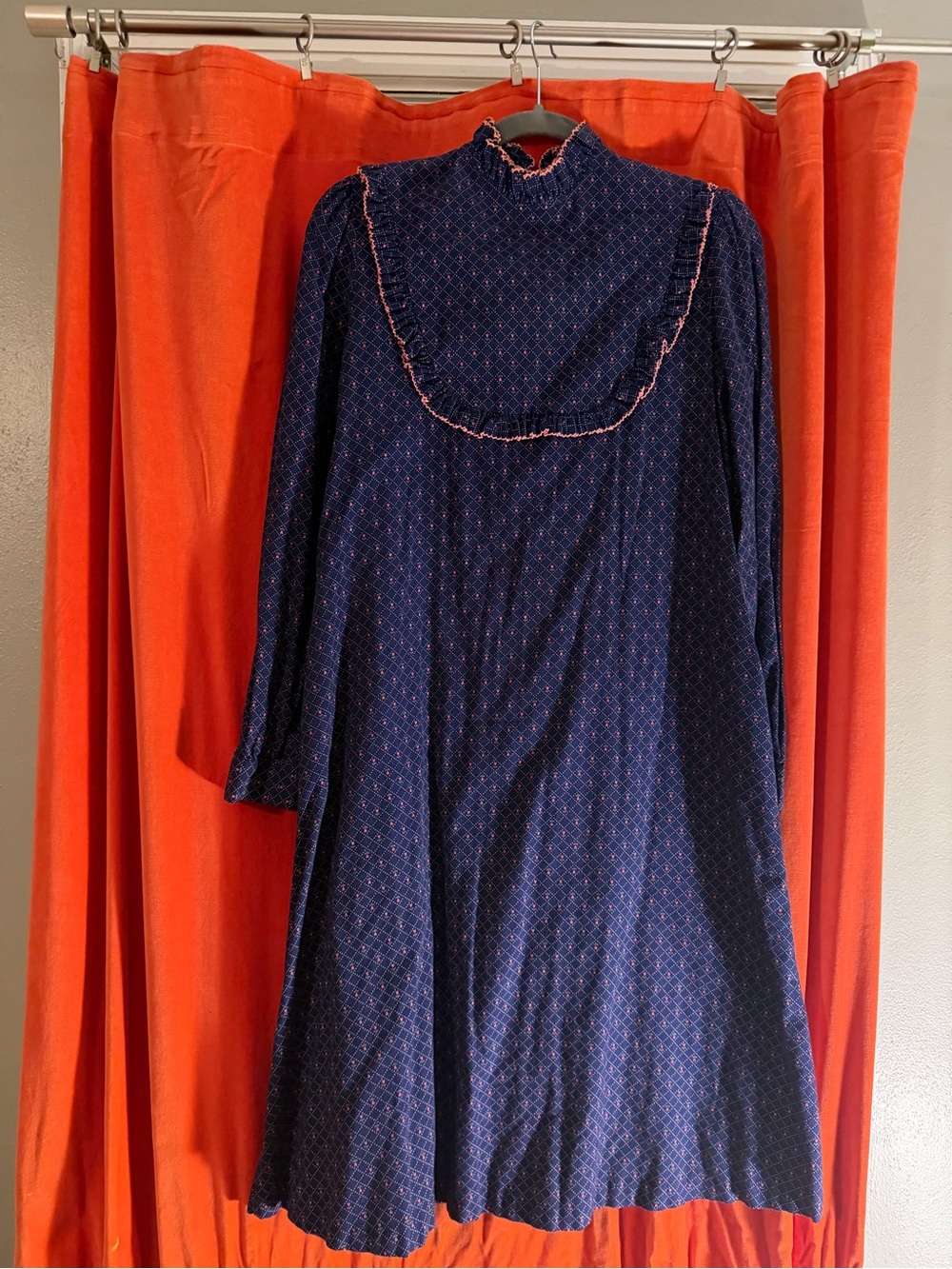 Adorable Cottage core Navy Long-Sleeve Midi Dress with Pink Trim